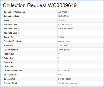 An example of a Collection Booking Confirmation